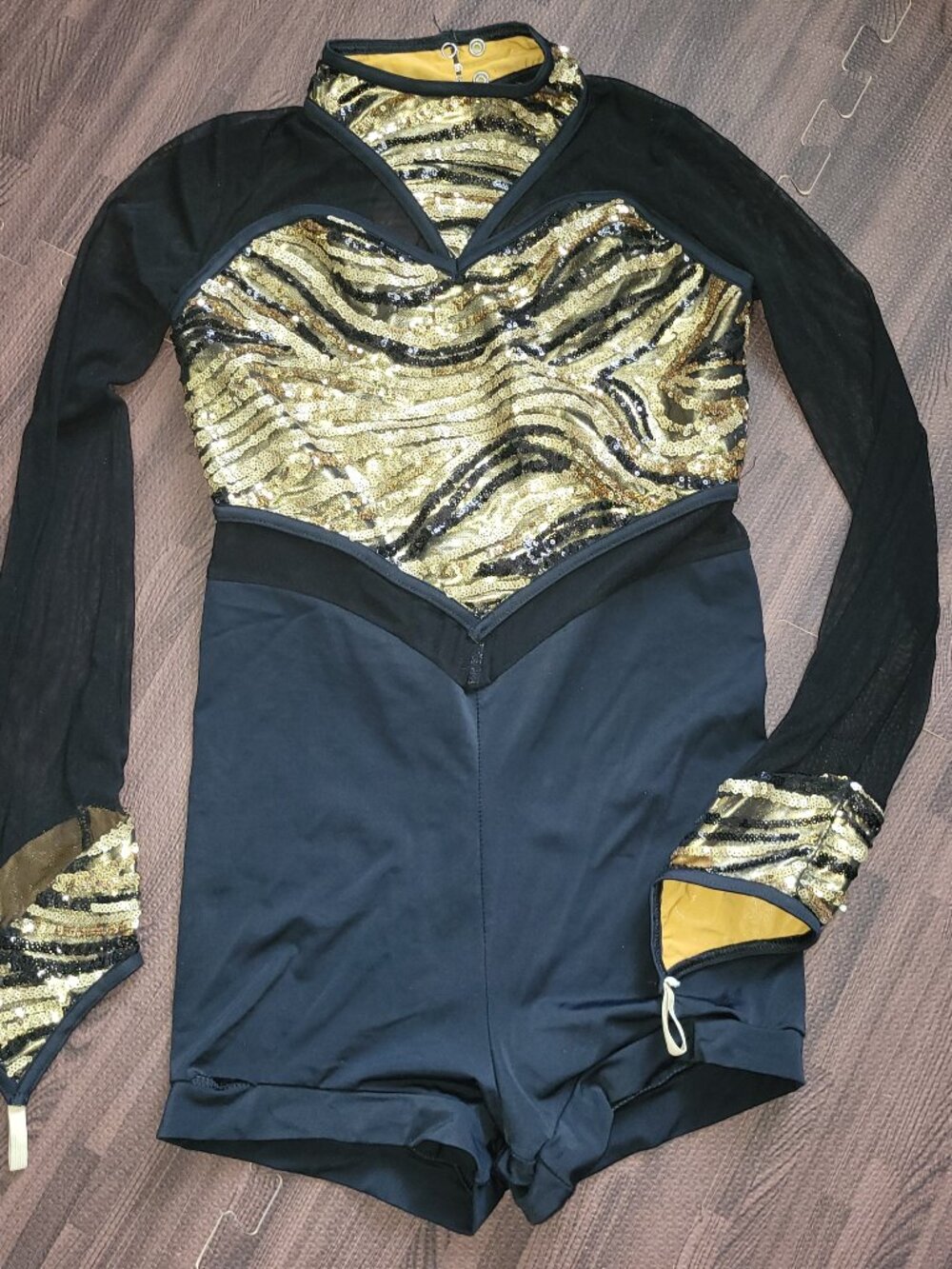 Weissman Adult Medium Dance Costume Romper Gold Black Sequin Mesh Long Sleeve